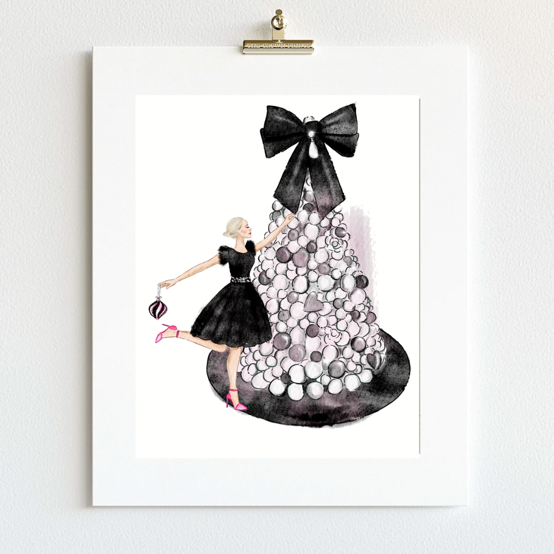 Elegant Holiday Fashion Illustration: Girl Decorating Christmas Tree Print (black tree, blonde)
