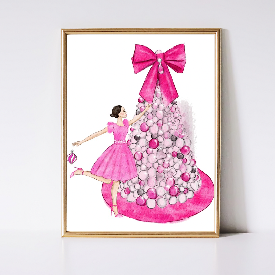 Pink Holiday Fashion Illustration: Girl Decorating Christmas Tree Print (brunette, pink dress)