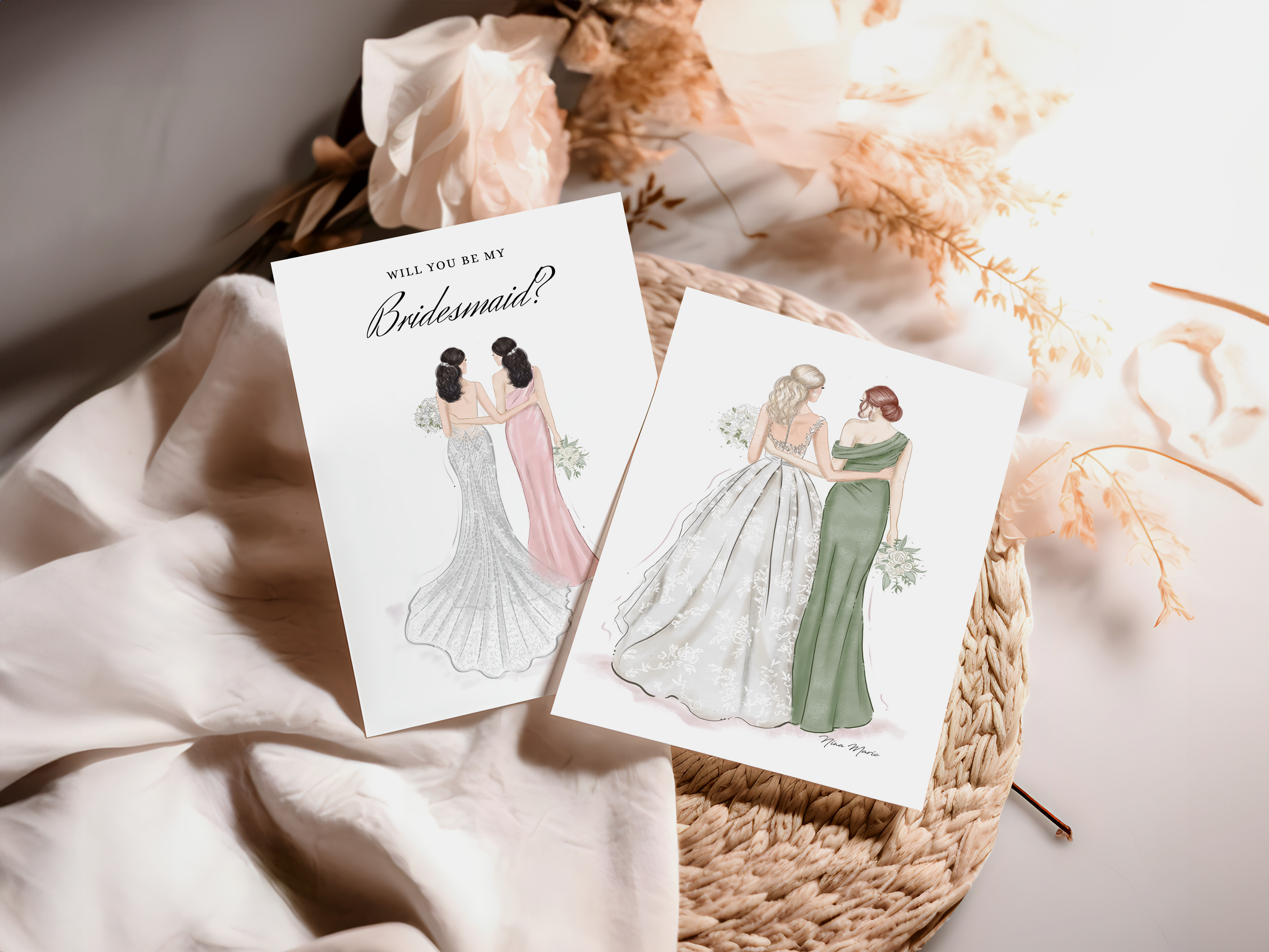Two 'Will you be my bridesmaid?' by Nina Maric cards on a textured surface with flowers in the background.