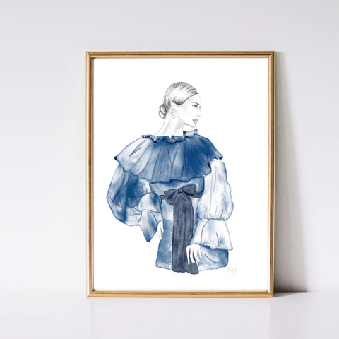 Lady in blue ruffle dress by Nina Maric