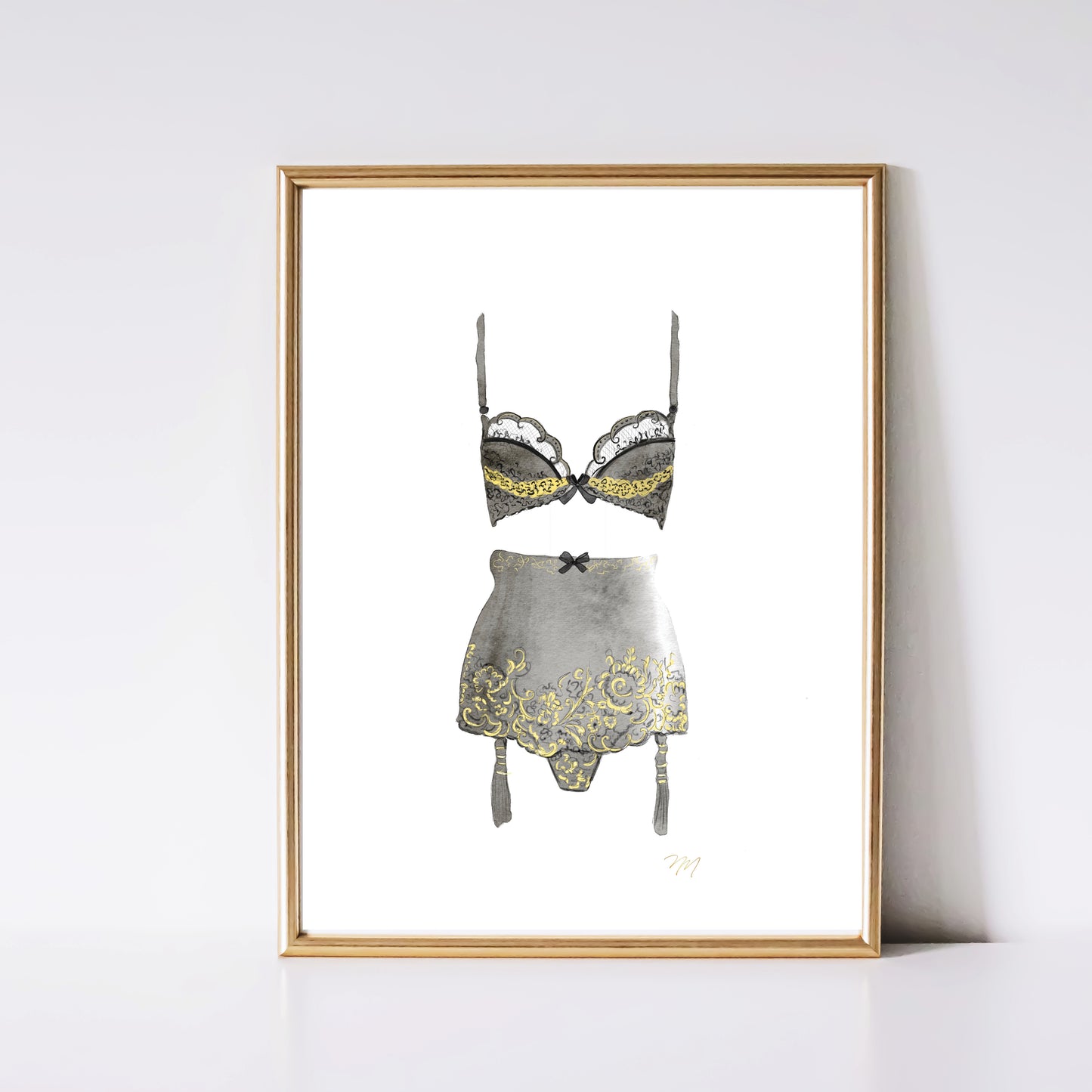 Black and gold lingerie watercolor art print by Nina Maric