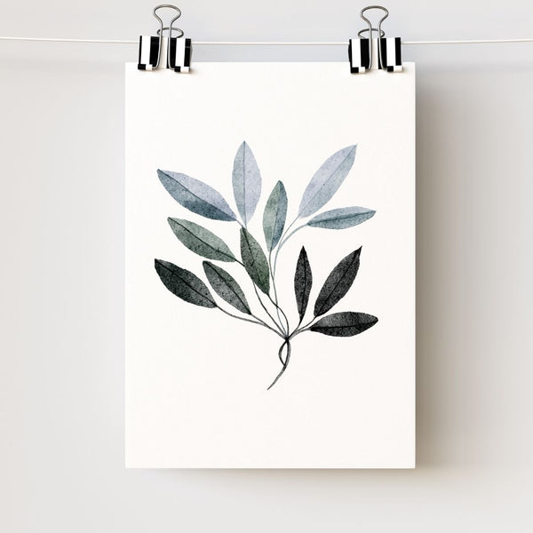 Neutral Botanical Leaf Art - Blue and Black Autumn Leaves