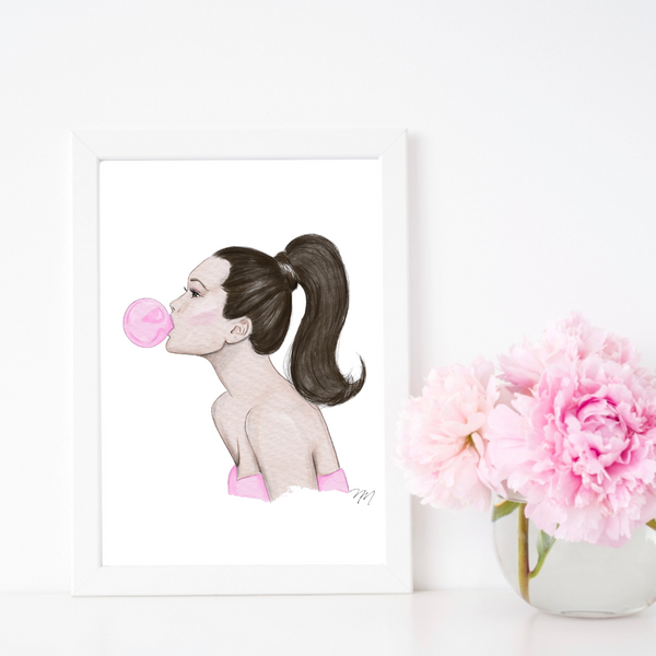 Pink bubble art (brunette) print by Nina Maric