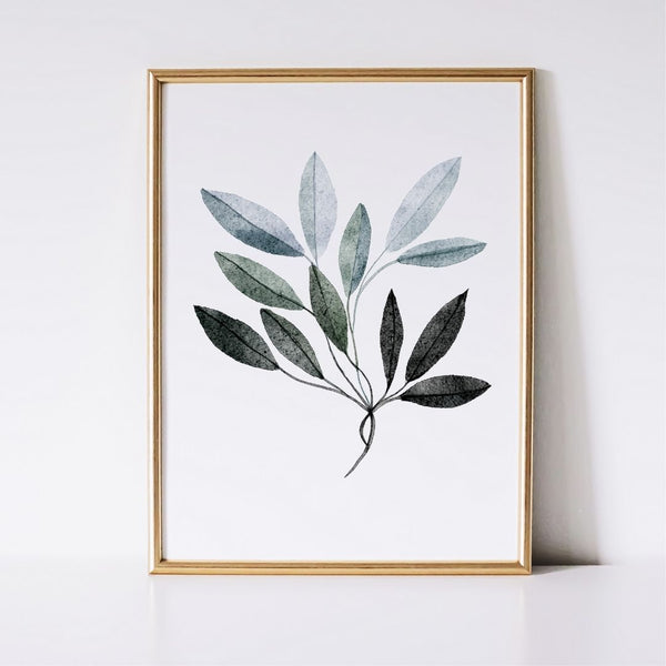 Neutral Botanical Leaf Art - Blue and Black Autumn Leaves