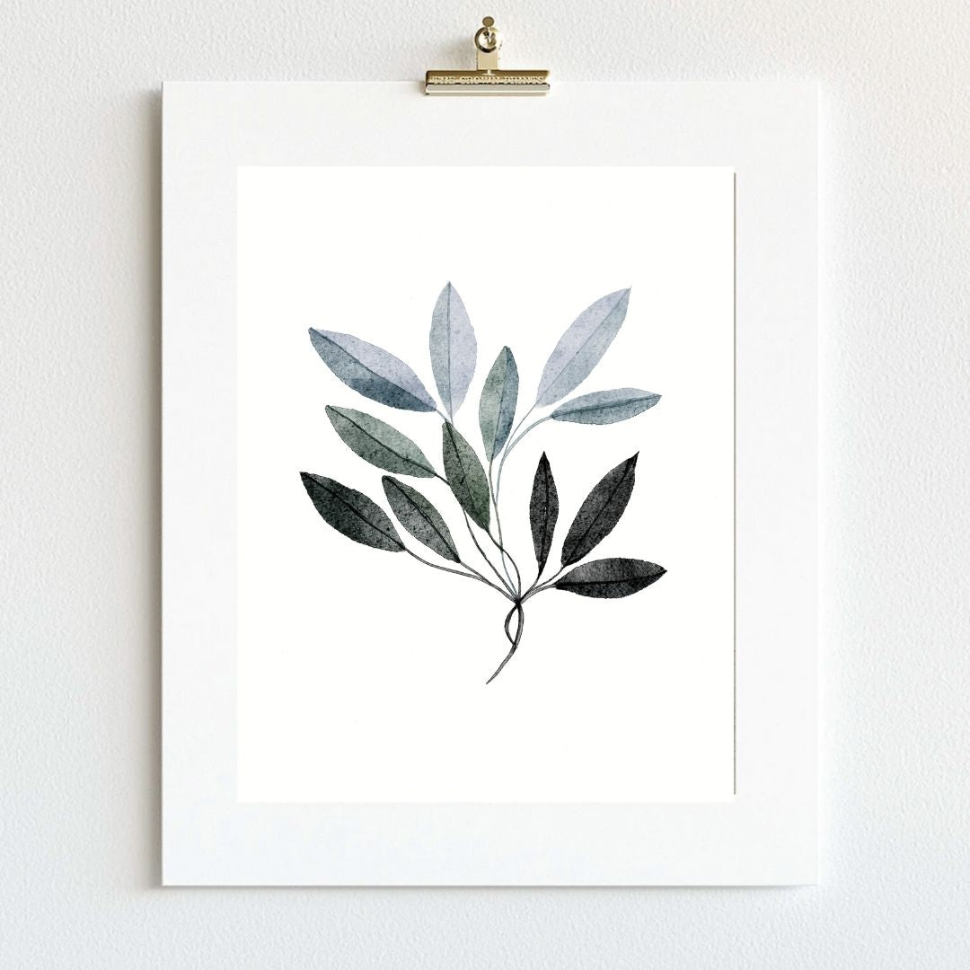 Neutral Botanical Leaf Art - Blue and Black Autumn Leaves