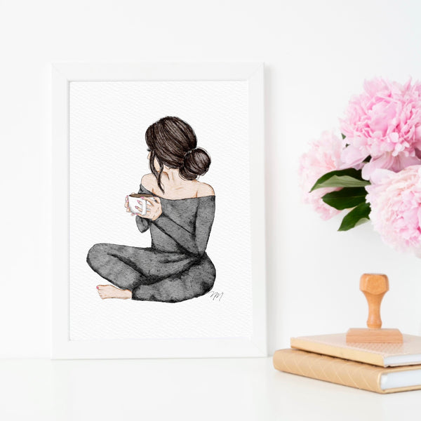 Serene Chic: Calming Fashion Illustration Art Print (brunette)