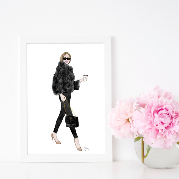 Like a Boss Fashion Illustration Art Print (blonde)- Black and White Watercolor - Coffee Art - Wall Decor for Office or Home - Fashionable Artwork