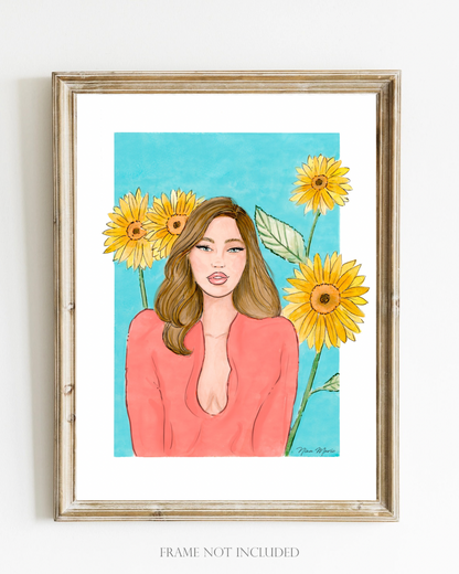 Sunflower Feminine Illustration Wall Art Print