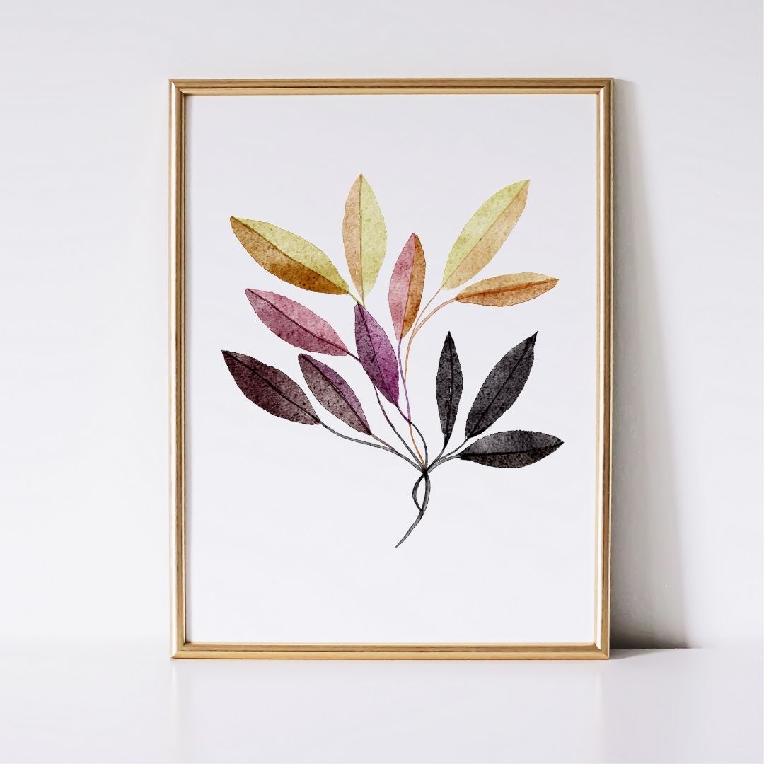 Neutral Botanical Leaf Art - Gold and Black Autumn Leaves
