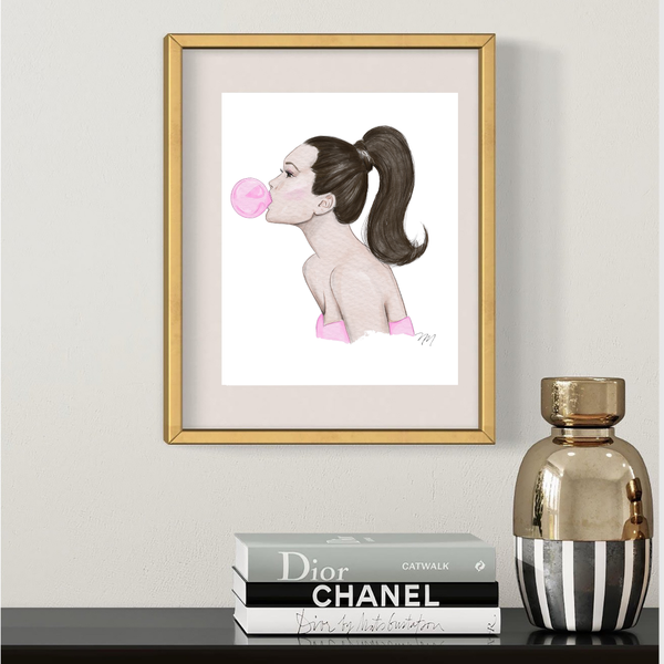 Fashion Illustration Poster - Pink Bubble Gum (brunette)