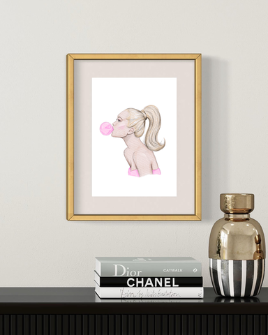 Girly home decor pink bubble gum art print by Nina Maric Illustrations