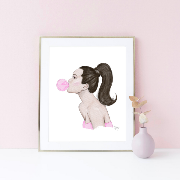 Pink bubble art (brunette) print by Nina Maric