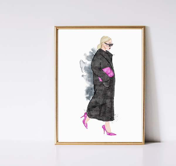 Black and Pink Fashion Illustration Art Print (brunette)