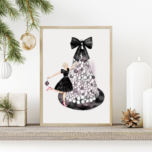Elegant Holiday Fashion Illustration: Girl Decorating Christmas Tree Print (black tree, blonde)