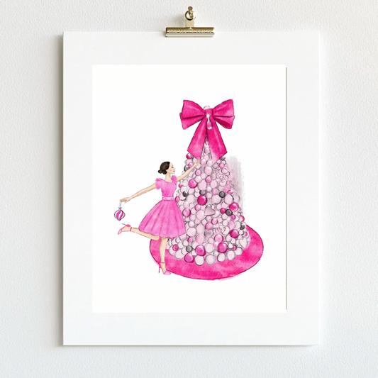 Pink Holiday Fashion Illustration: Girl Decorating Christmas Tree Print (brunette, pink dress)