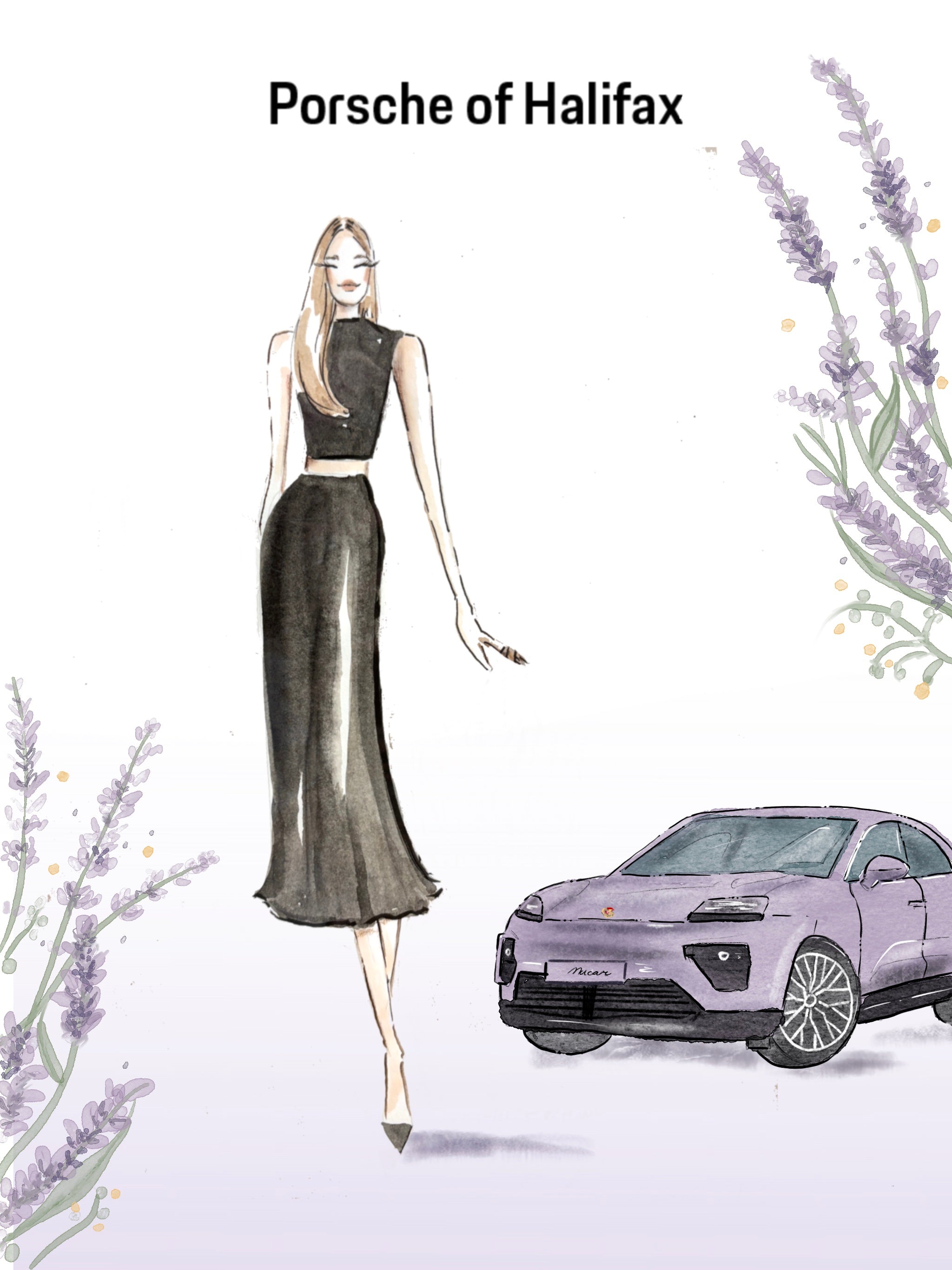 Illustration of a woman in a black dress next to a Porsche vehicle with lavender flowers on a white background.