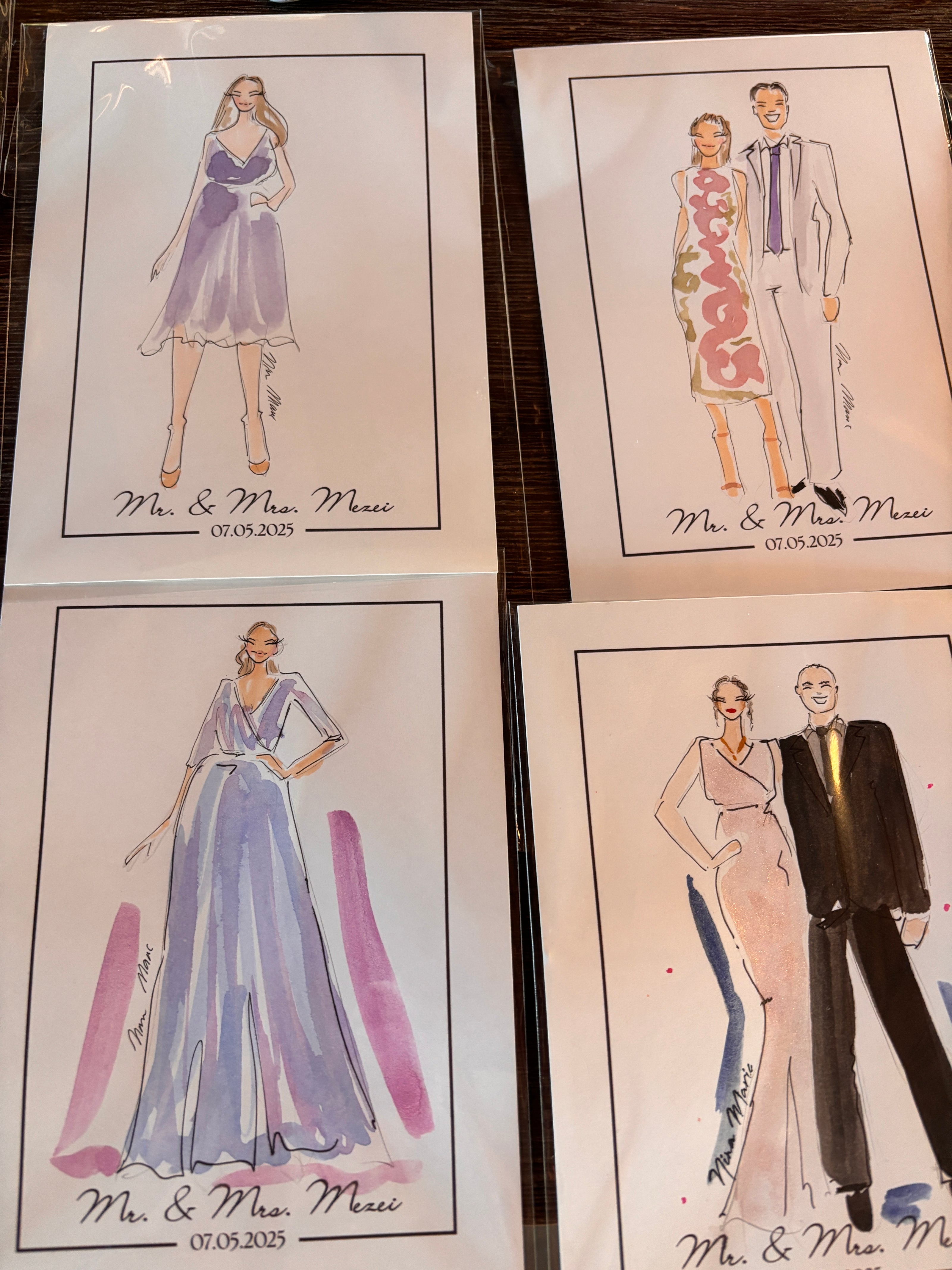 Set of four illustrated cards featuring formal attire with 'Mr. & Mrs.' text.