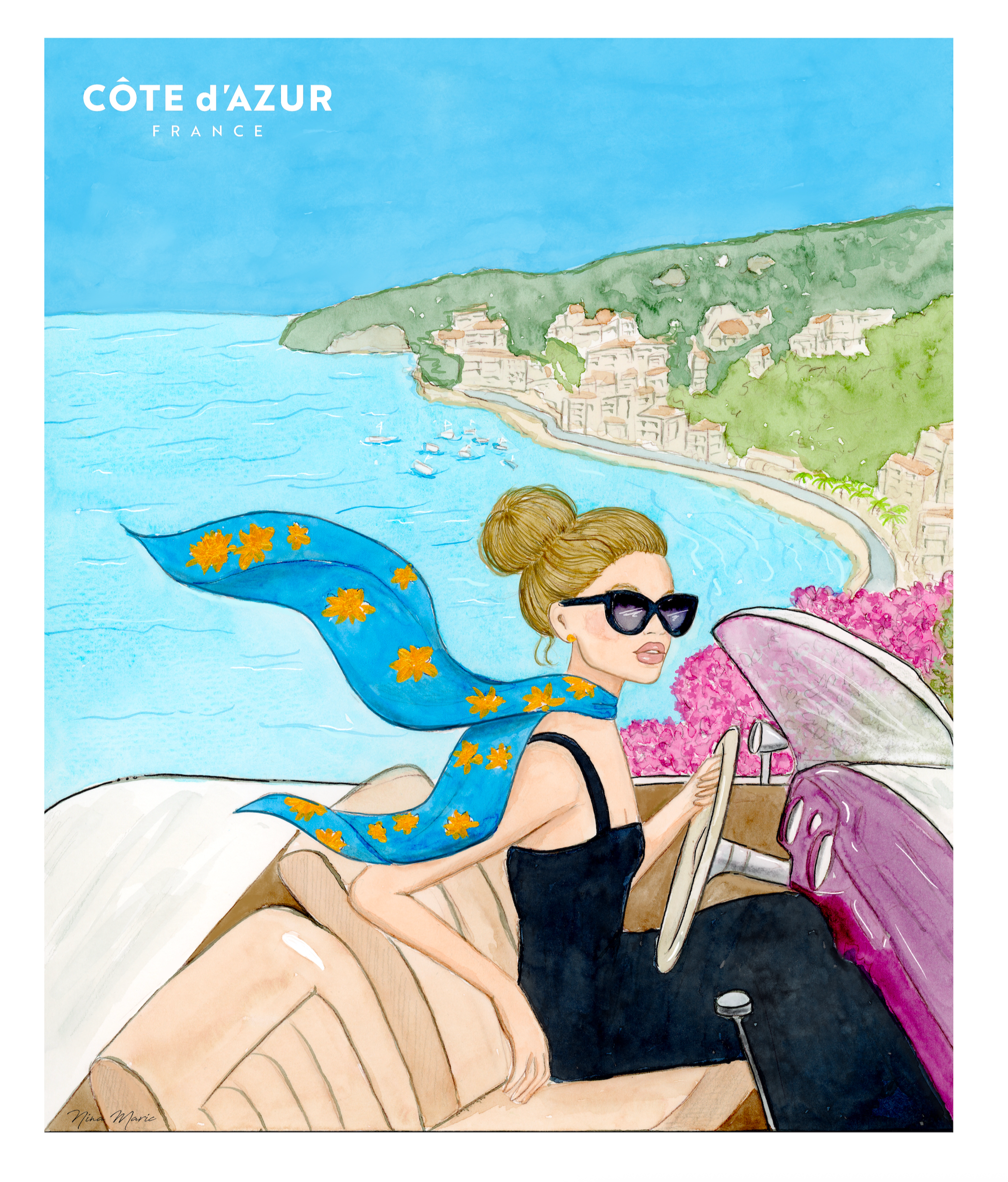 Illustration of a woman in a vintage car on the Cète d'Azur with a scenic background.
