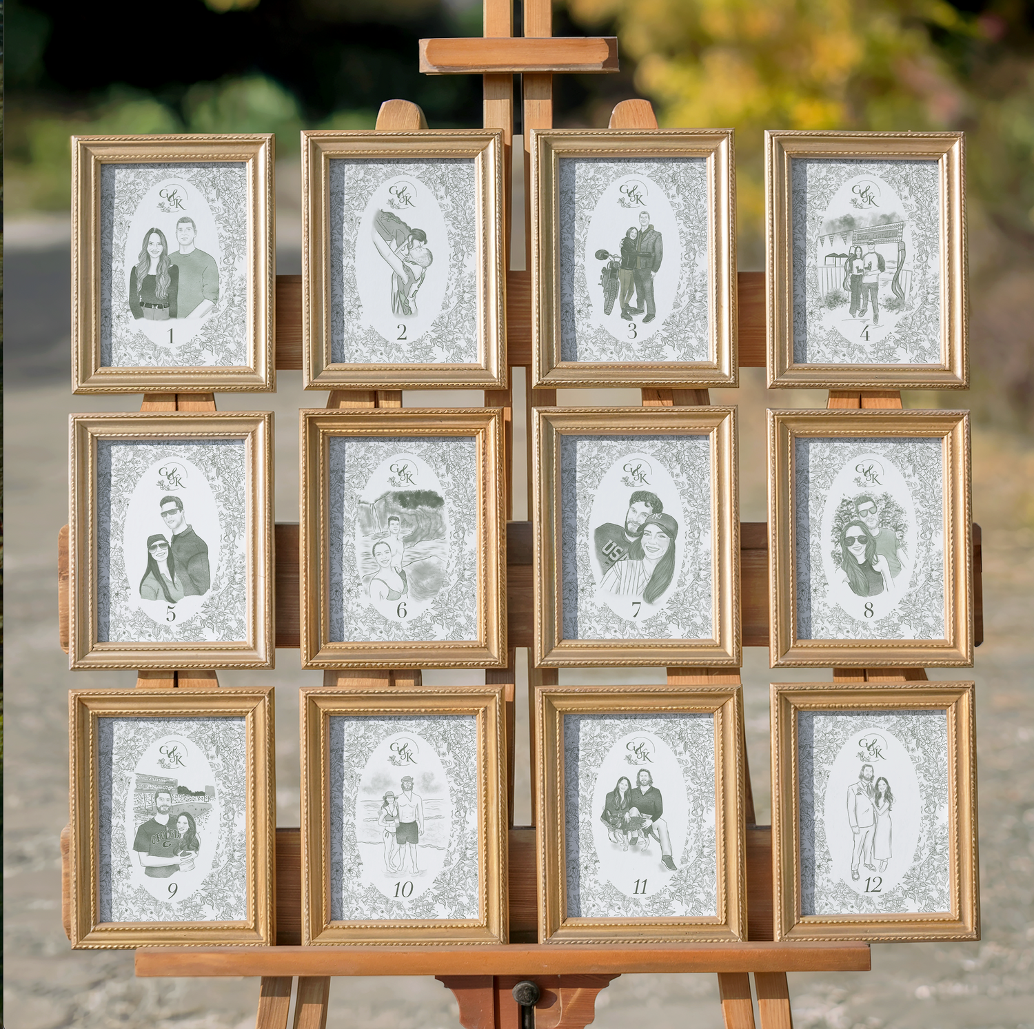 Wooden photo display with 12 framed pictures on an easel.
