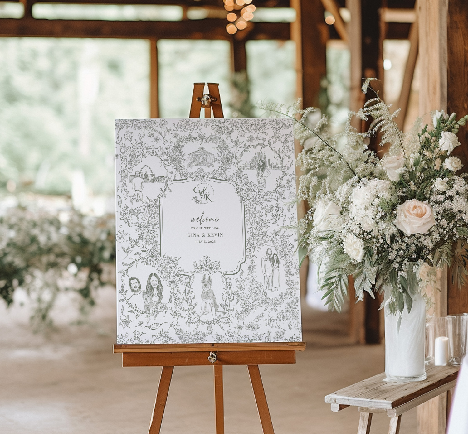 Decorative wedding sign on an easel with floral arrangement in a rustic setting by Nina Maric