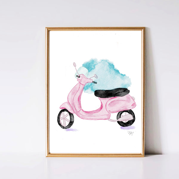 Pink vespa art print by Nina Maric