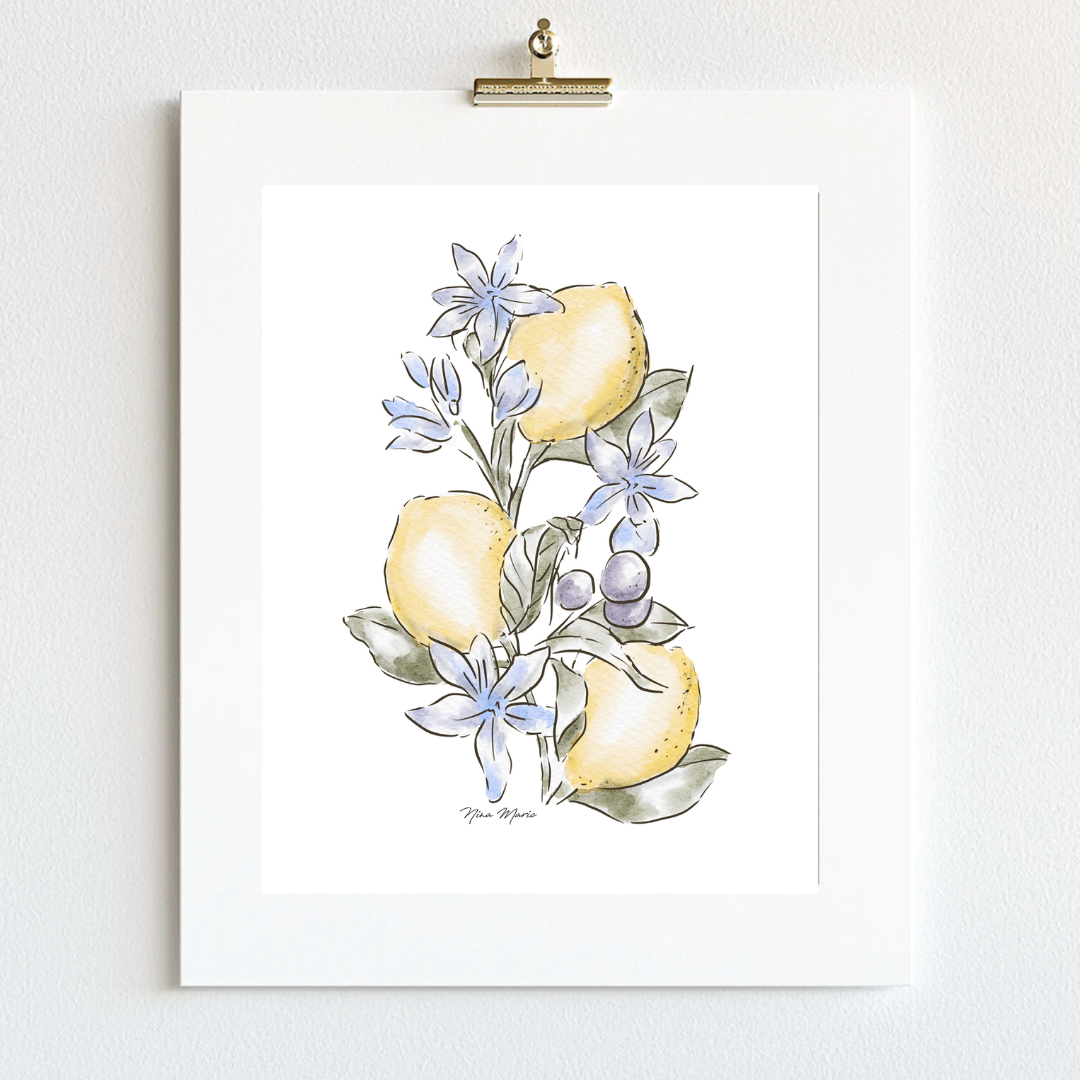 Unique wall art lemons and flowers by Nina Maric