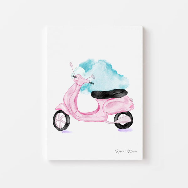 Vintage Chic: Watercolor Pink Vespa - A Whimsical Ride of Nostalgia Print by Nina Maric