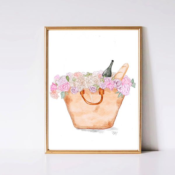 A Summertime Retreat: Floral Picnic Basket Art Print by Nina Maric
