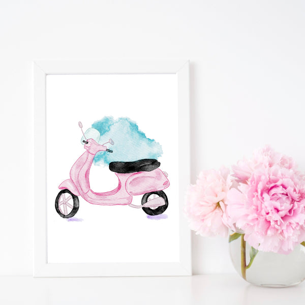 Vintage Chic: Watercolor Pink Vespa - A Whimsical Ride of Nostalgia Print by Nina Maric