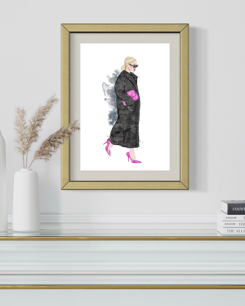 Black and Pink Fashion Illustration Art Print (brunette)