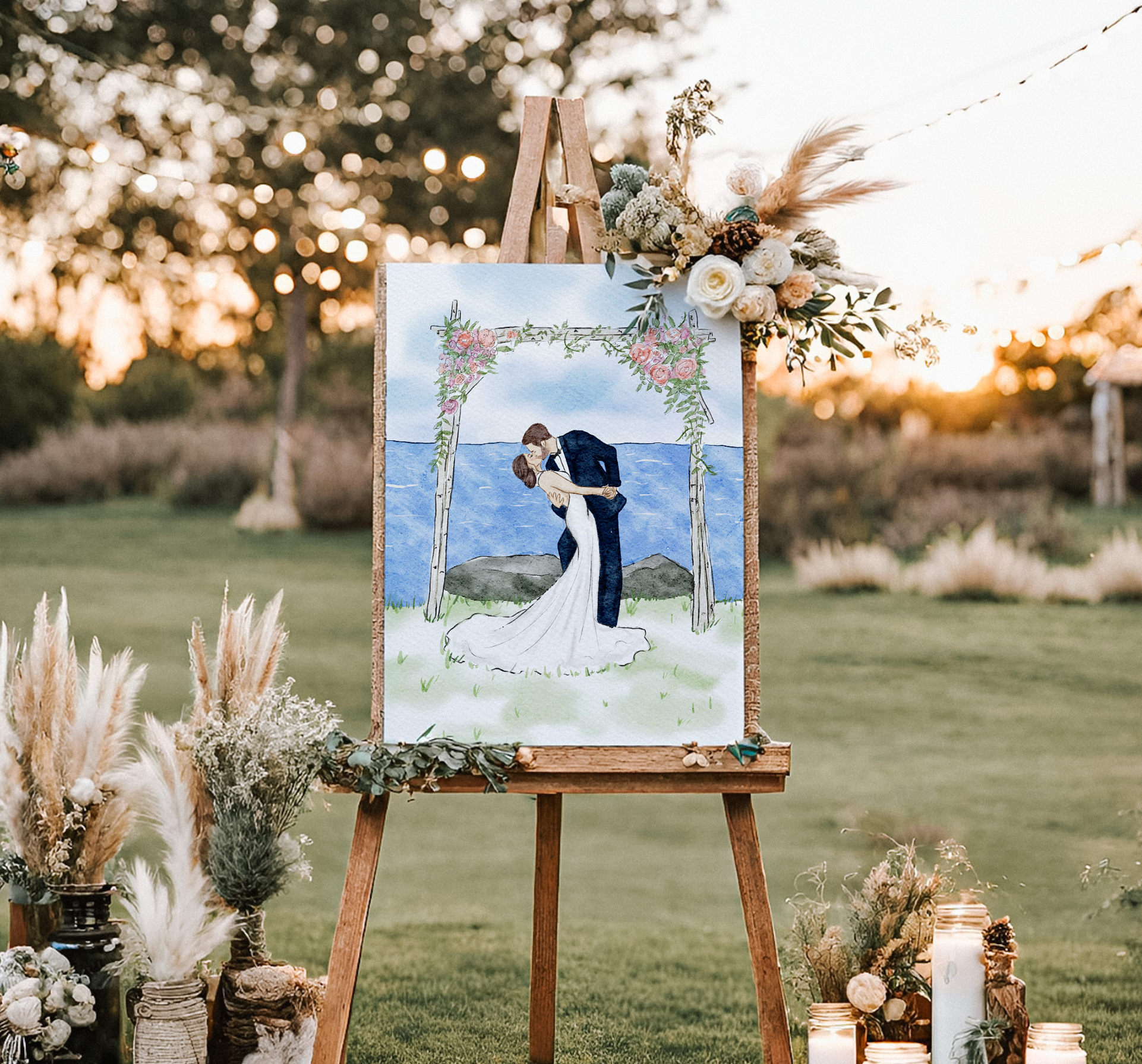 Painting of a couple under an arch on an easel with floral decorations outdoors.