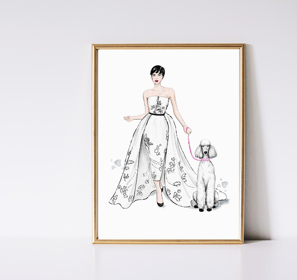 Fashion art print of Audrey Hepburn in Givenchy gown with a dog by Nina Maric