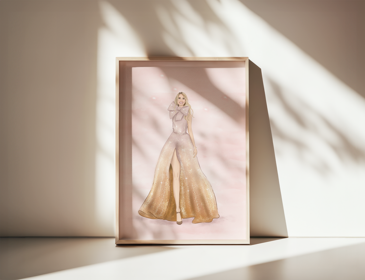 Framed portrait art by Nina Maric of a woman in a long dress on a light surface with soft shadows.