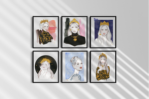 Nina Maric's newest watercolor and gold impasto collection named 'Queens'. A regal and rococo look at fashion illustration and feminine beauty. Strong bold watercolors, contrasted with feminine hues bringing the perfect accent to any home decor. 