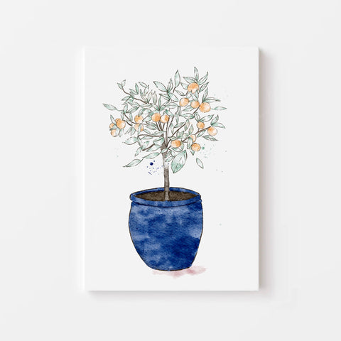 Orange tree in azure blue pot art print