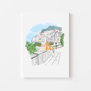 Girl in Positano Art Print - Positano Landscape Fashion Illustration