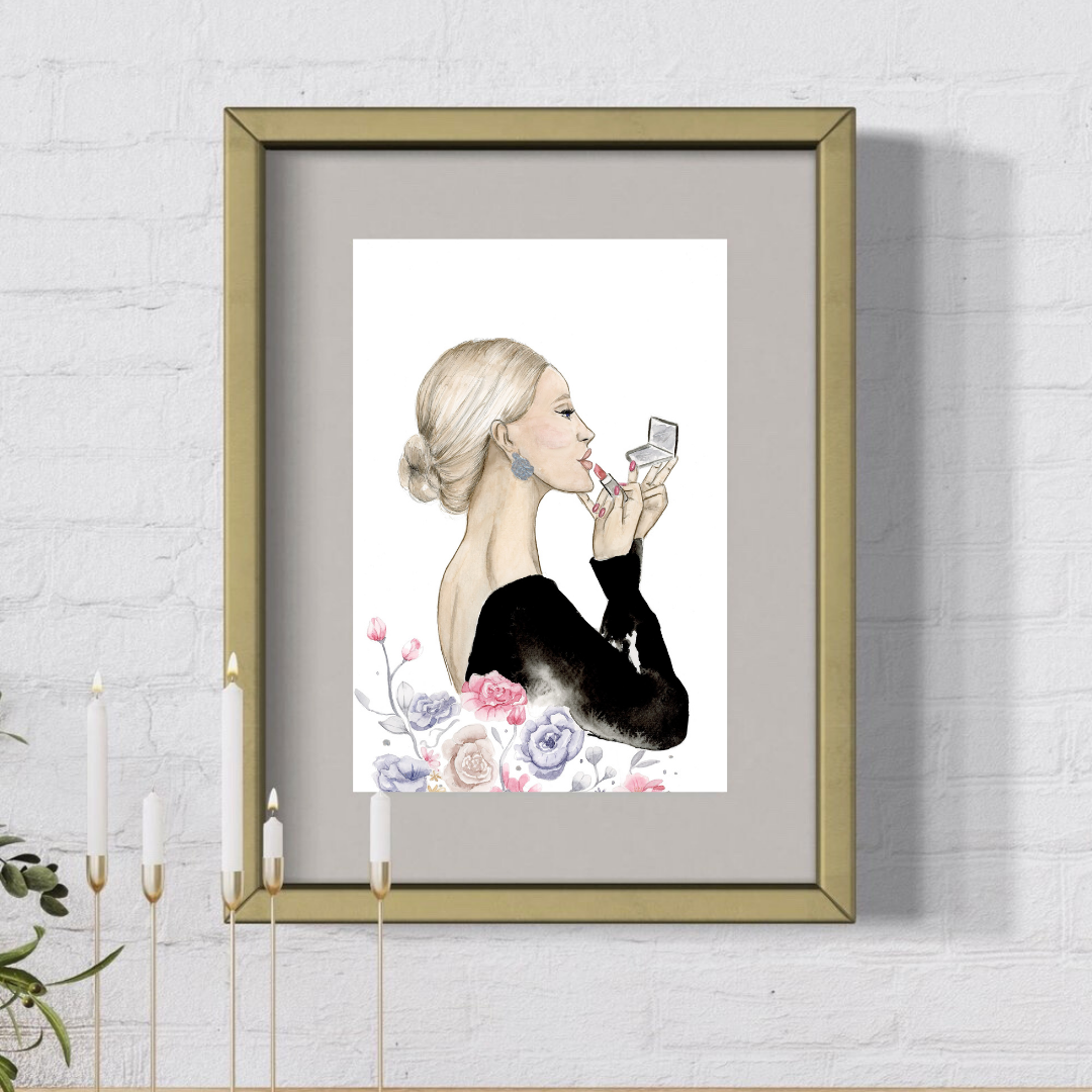 Fashion illustration makeup girl art print with flowers by Nina Maric