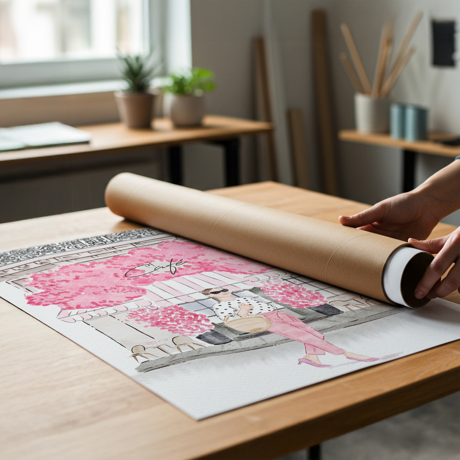 Person unrolling a large piece of paper with a design on a wooden table.