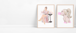 two framed art pieces by Nina Maric, pink and chic illustrations of elegant ladies, perfect to bring a pop of clour and sophistication to any space.
