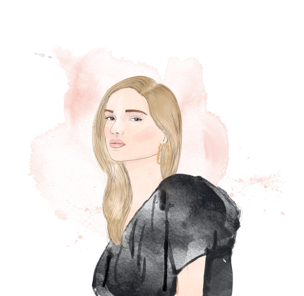 Elegant black dress portrait with peach watercolor background art print image sample
