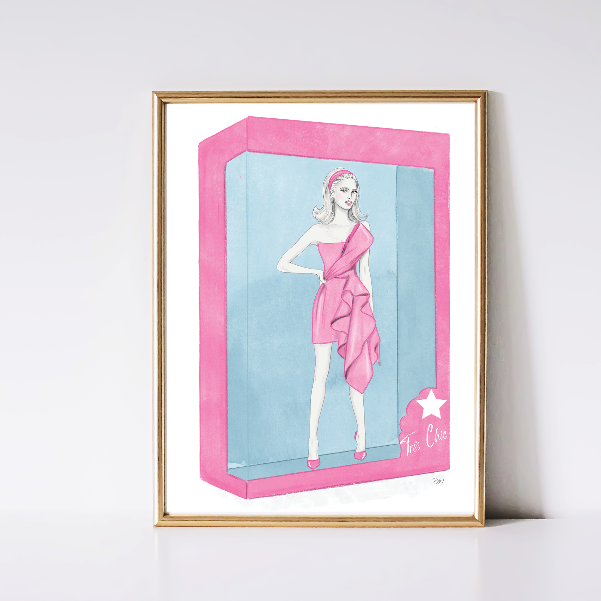 A whimsical and playful watercolor illustration by artist Nina Maric of a Barbie-inspired figure in a playful pose, surrounded by vibrant pink and blue hues. The illustration captures the playful spirit of childhood memories and adds a pop of color to any room.
