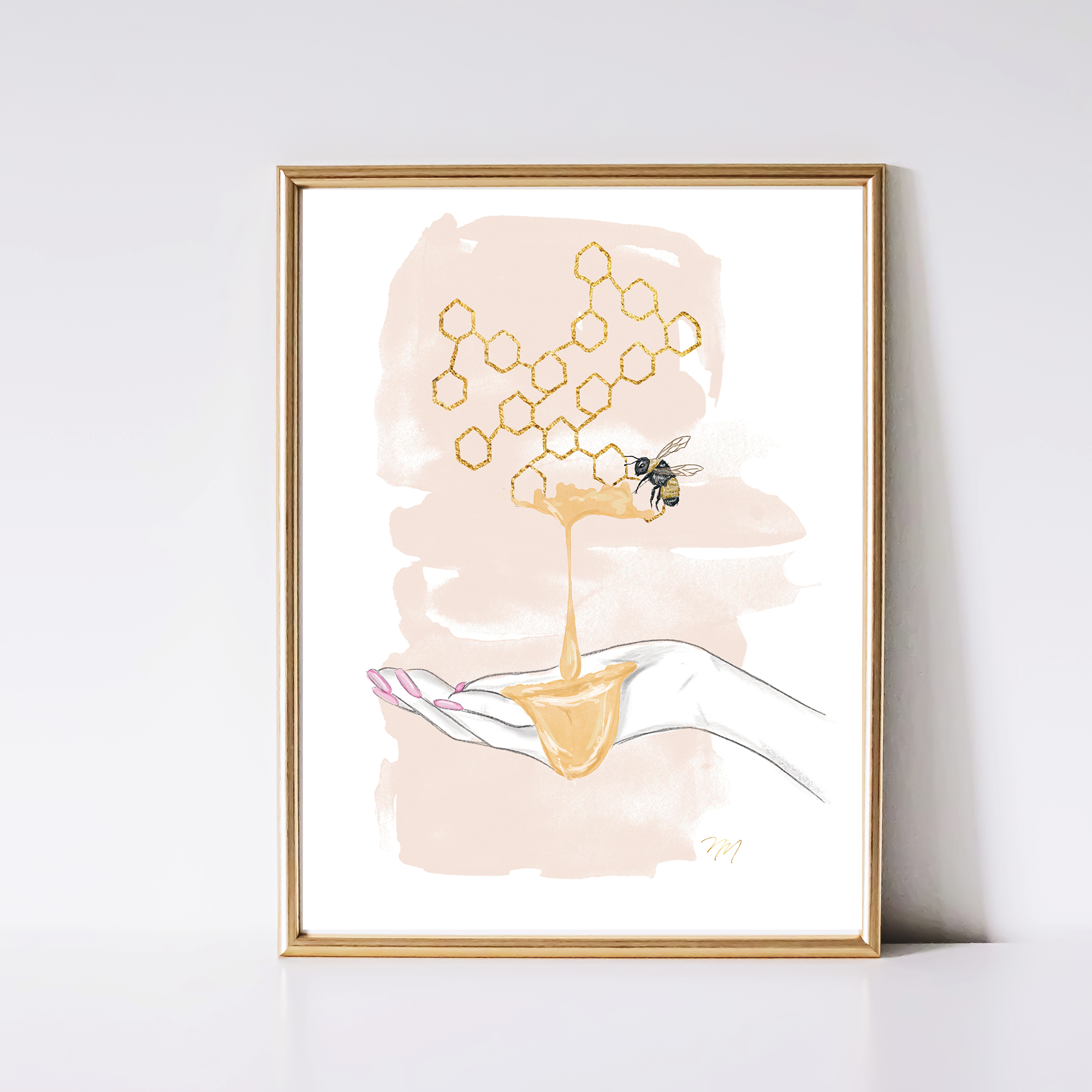 Gorgeous graphite pencil, watercolor, and gold impasto art print of a bee, honeycomb, honey and a woman's hand. A stunning work of art that captures the beauty of nature and the essence of life.
