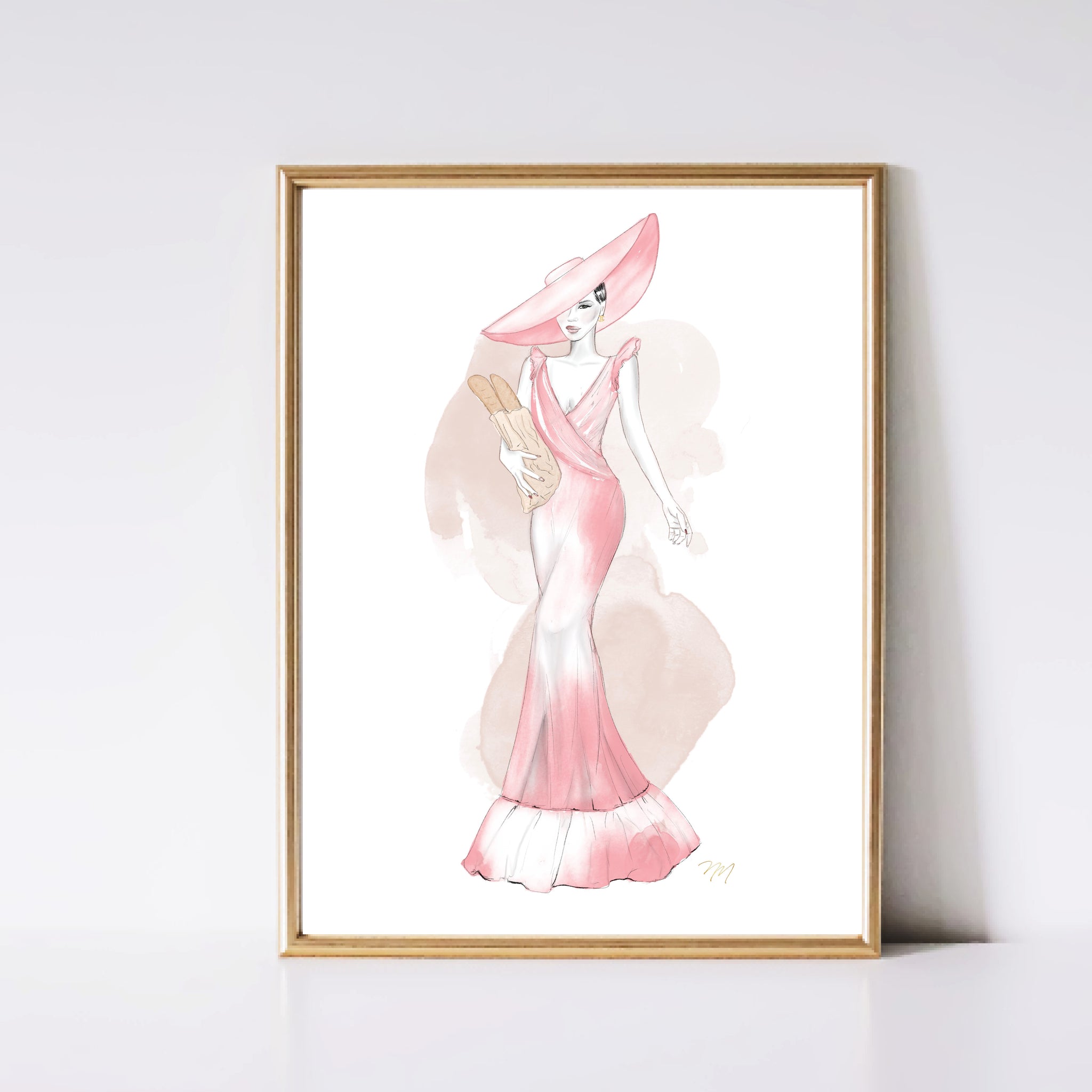 Lady in pink dress and large hat carrying baguettes. Art print of an original watercolor painting by Nina Maric. Monochrome version (no skin colour)