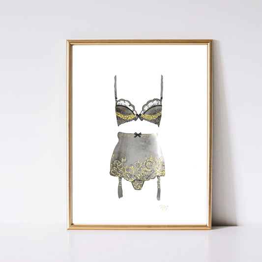 Black and gold lingerie watercolor art print by Nina Maric