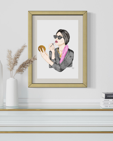 Watercolor fashion illustration of boss babe in gold frame. Perfect home decor by Nina Maric