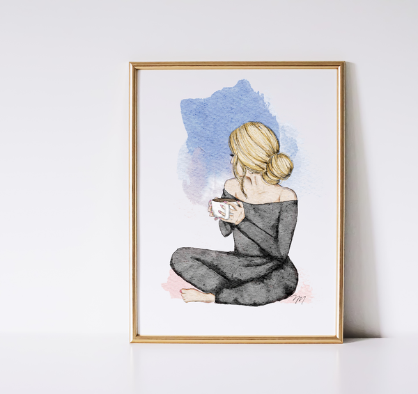 Serene Chic 2: Calming Fashion Illustration Art Print with background colour splash