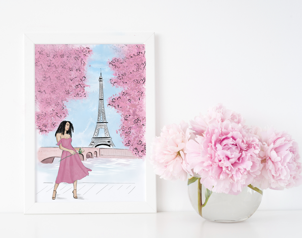 Paris art print with spring flowers and eiffel tower, a fashionable woman in the foreground.