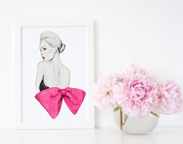 Pink Bow Fashion Illustration - Femme art print by Nina Maric