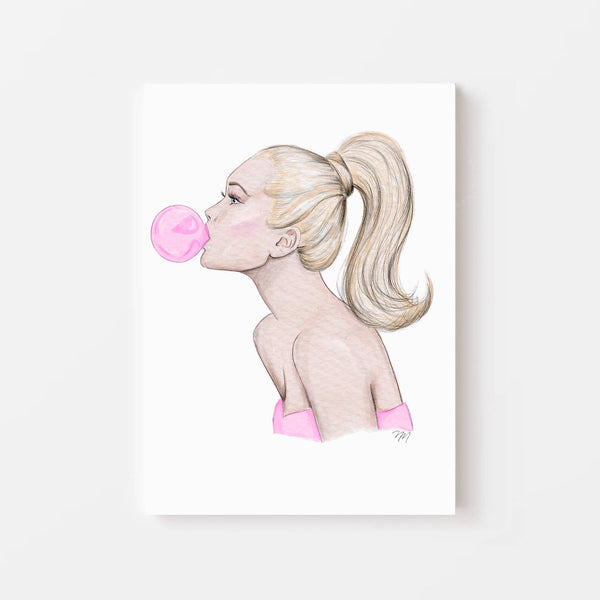 Fun and flirty watercolor art print of blonde woman blowing pink bubble gum by Nina Maric Illustrations