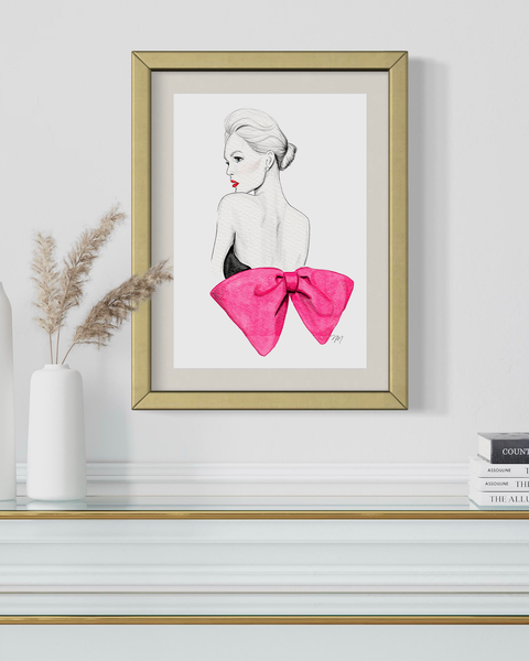 Pink Bow Fashion Illustration - Femme art print by Nina Maric